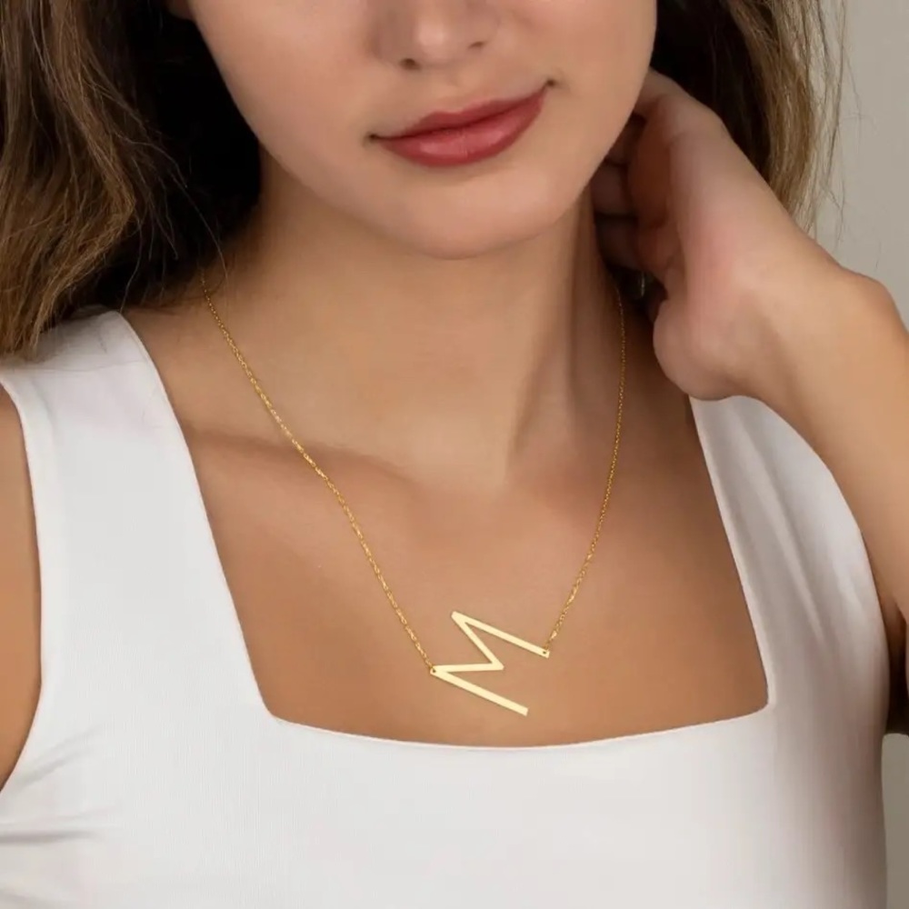 ◾️18k Gold Plated Sideways Initial Letter “M” Pendant Necklace